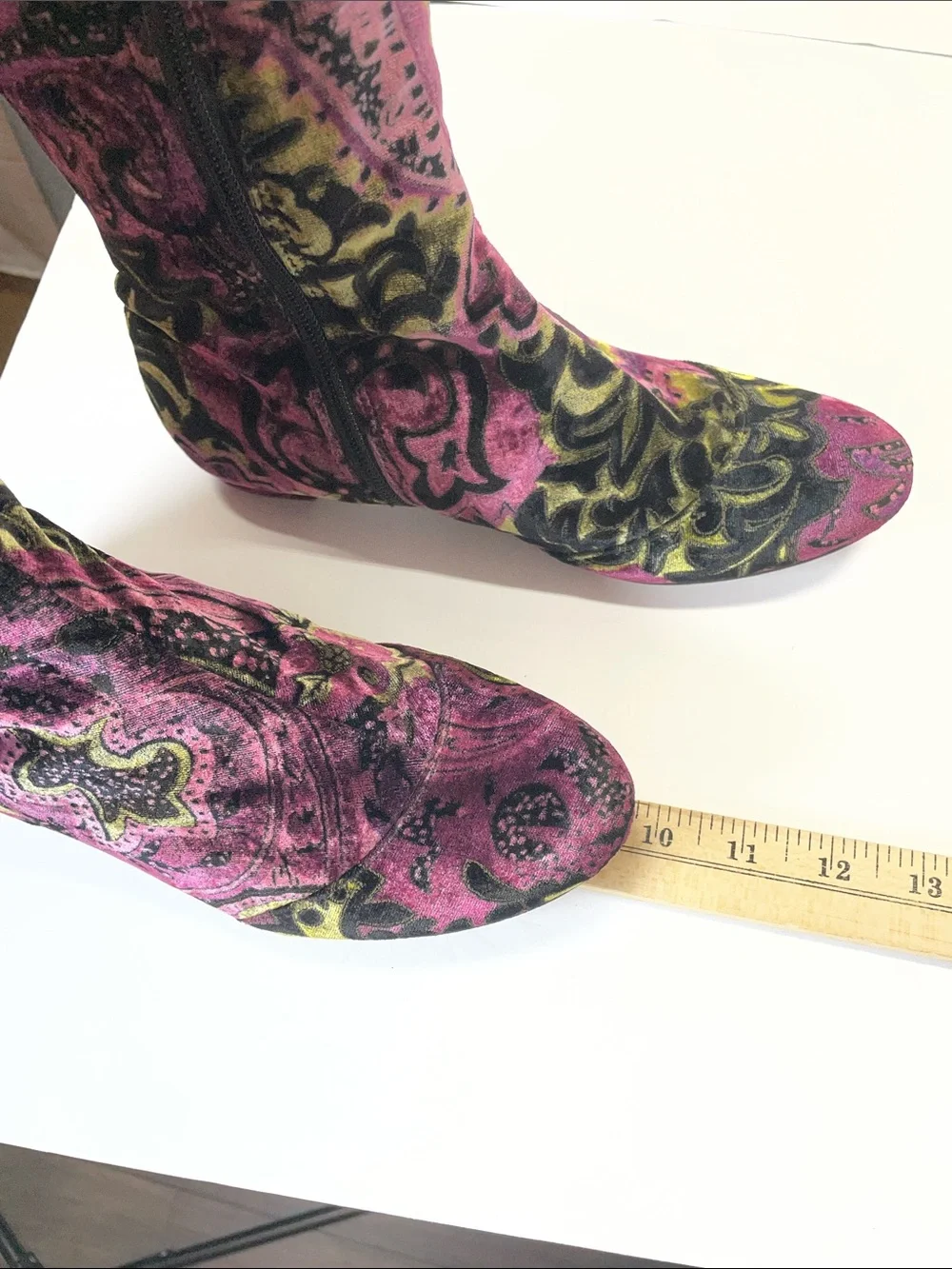 Born Pink Velvet Over-the-Knee Boots with Black and Gold Paisley